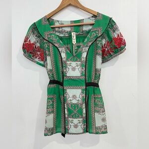 Anthropologie Floreat Silk Embroidered Floral Toe Waist Green Blouse 10